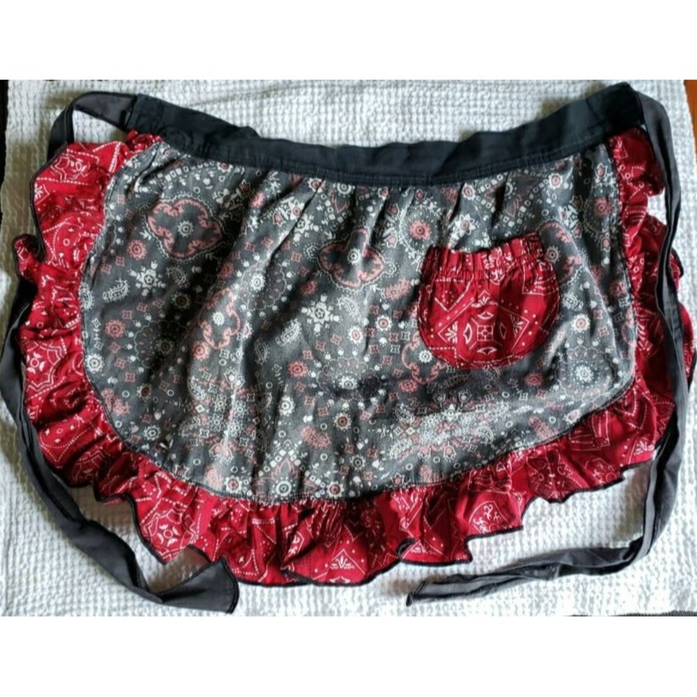 Handcrafted Bandana Paisley Half Apron Grey Red Ruffle Pocket Cottagecore